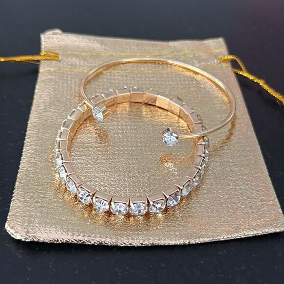 Set of 2 Gold Tone Bracelets with CZ Accents — Open Bangle Cuff and Stretch Duo - Picture 9 of 9